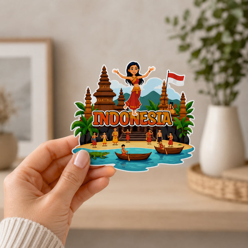 Smaran Indonesia Wooden Fridge Magnet | Traditional Stupa & Island Culture Illustration | 3x3 Inch Refrigerator Decor for Home Kitchen & Gift