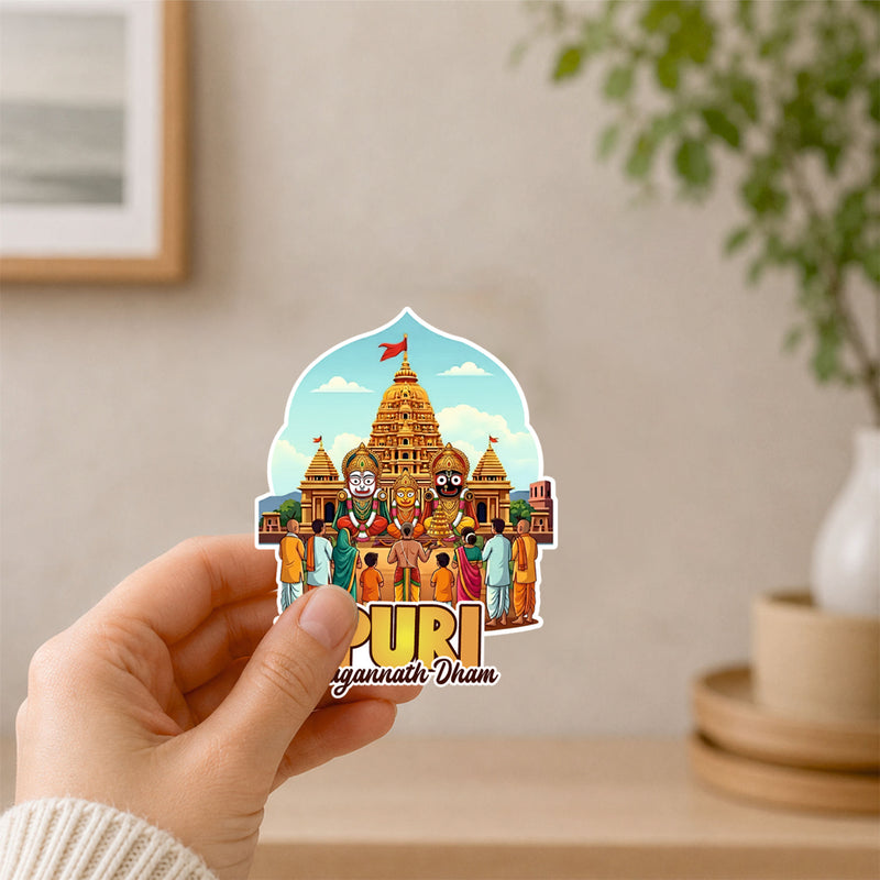 Smaran Puri Jagannath Dham Wooden Fridge Magnet | Temple & Deity Illustration | 3x3 Inch Spiritual Refrigerator Decor for Home Kitchen & Gift