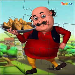 Cartoon character holding a plate of samosas with a blurred background