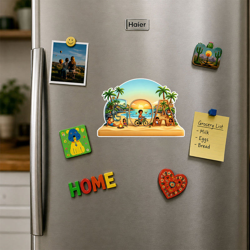 Smaran Goa Wooden Fridge Magnet | Creative Alphabet Beach Scene with Sunset & Palm Trees | 3x3 Inch Wooden Refrigerator Decor for Home Kitchen & Gift