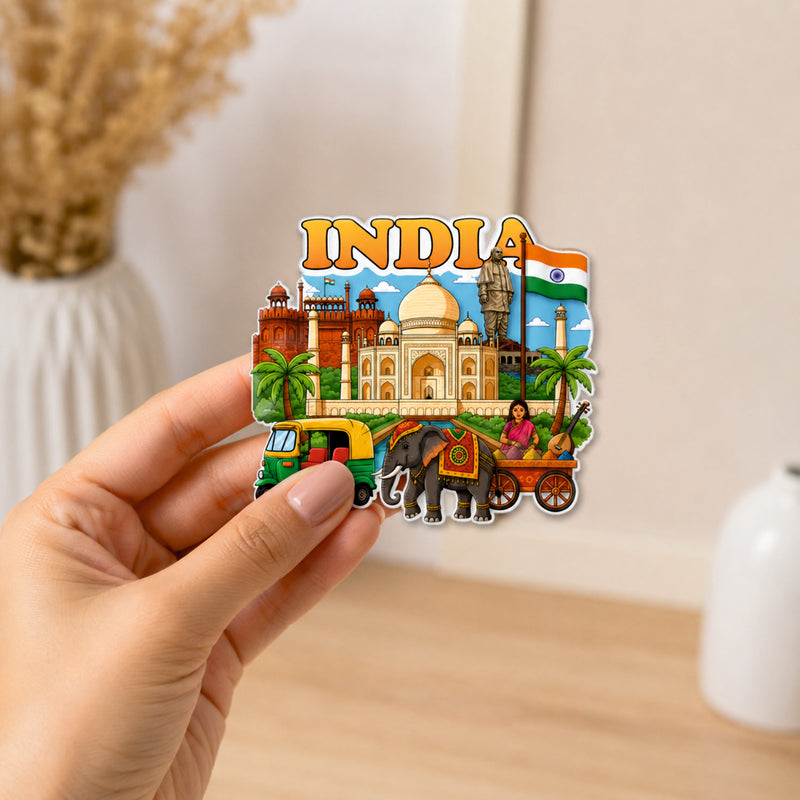 Smaran Incredible India Wooden Fridge Magnet | Taj Mahal & Cultural Landmarks Illustration | 3x3 Inch Refrigerator Decor for Home Kitchen & Gift