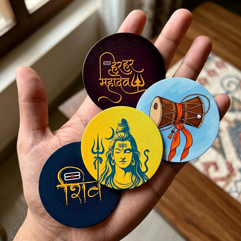Todfod Mahadev Fridge Magnet Set of 4 | 3 Inch Lord Shiva Trishul, Damaru & Golden Shiv Mantra Circular MDF Wood Magnets