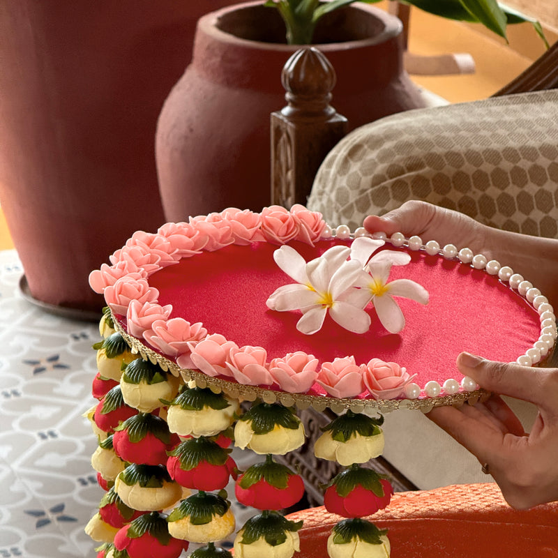 Smaran Cultural Festive Round Pooja Thali | Handmade Red Decorative Platter with Pearl & Rose Embellishments and Hanging Floral Latkan, Traditional Handcrafted Aarti Plate