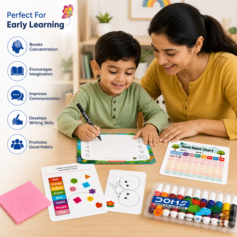 Pre-School Activity Kit for Kids 3+ Years | Write Learn & Wipe Tracing Board, Reusable Activity Cards, 12 Color Sketch Pens, Marker & Good Habit Chart