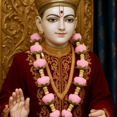 Statue of a deity with pink floral garlands and intricate attire against a decorative background