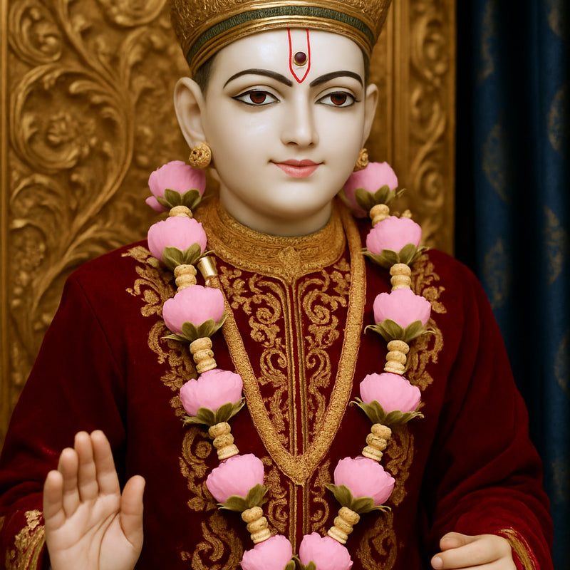 Statue of a deity with pink floral garlands and intricate attire against a decorative background