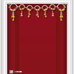 Red door with decorative garland at the top