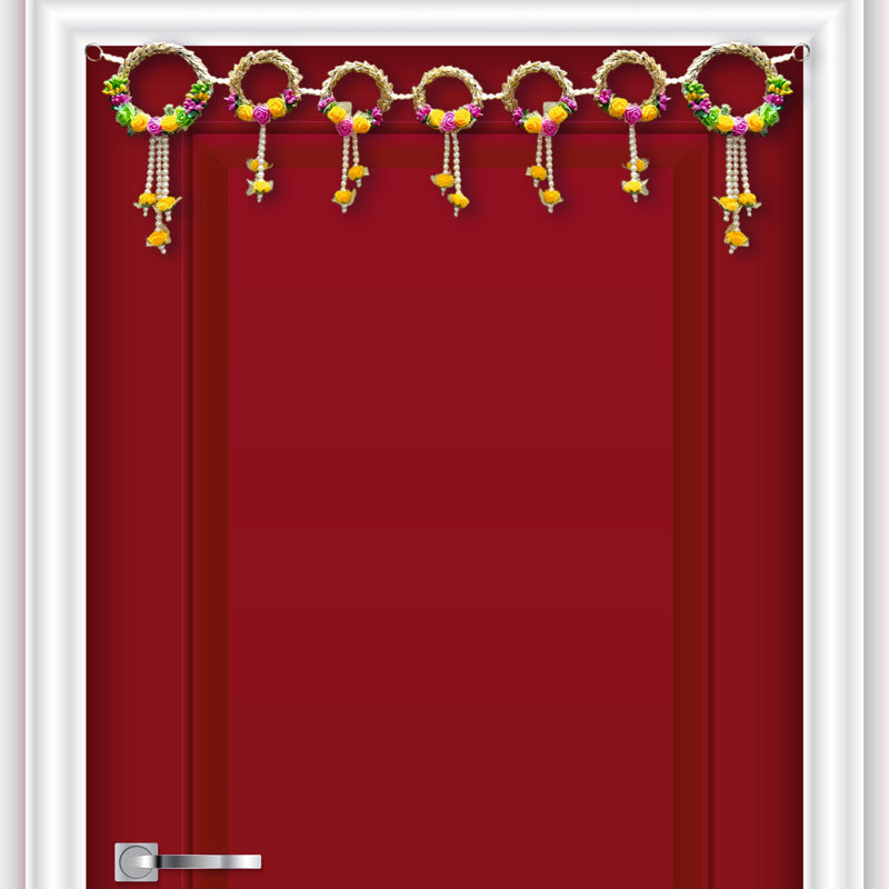 Red door with decorative garland at the top