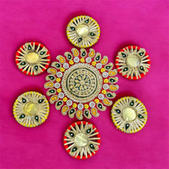 Decorative circular designs with colorful patterns on a pink background