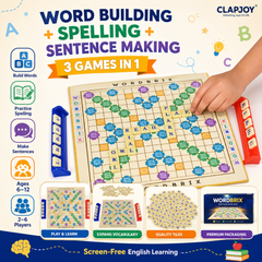 Clapjoy Wordbrix Word Building Board Game for Kids Ages 6-12 | 3-in-1 English Learning Game | Spelling, Vocabulary & Sentence Making | 100 Letter Tiles | 2-6 Players