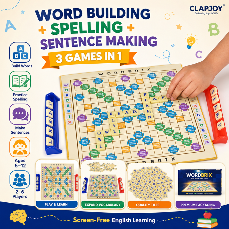 Clapjoy Wordbrix Word Building Board Game for Kids Ages 6-12 | 3-in-1 English Learning Game | Spelling, Vocabulary & Sentence Making | 100 Letter Tiles | 2-6 Players