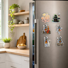 Todfod Mahadev Fridge Magnet Set of 6 | 3 Inch Colorful Cartoon Style MDF Wood Hindu Deity Religious Souvenir