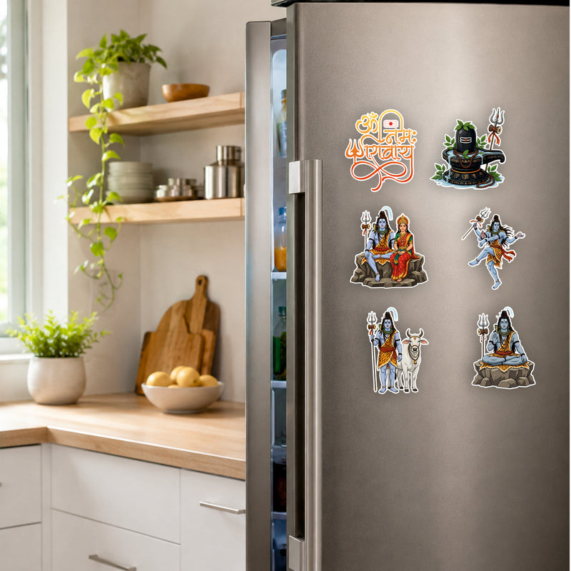 Todfod Mahadev Fridge Magnet Set of 6 | 3 Inch Colorful Cartoon Style MDF Wood Hindu Deity Religious Souvenir