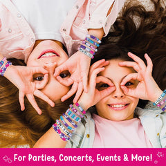 Two children making eye shapes with their hands, wearing colorful bracelets, with a promotional text at the bottom.