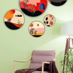 Todfod Abstract Nature Wall Decor Set of 5 | Multi-Size Circular MDF Wood Plaques with Sun, Plants & Butterflies
