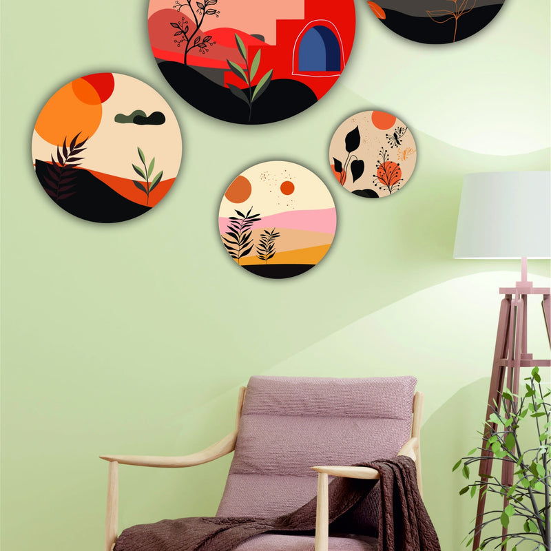 Todfod Abstract Nature Wall Decor Set of 5 | Multi-Size Circular MDF Wood Plaques with Sun, Plants & Butterflies