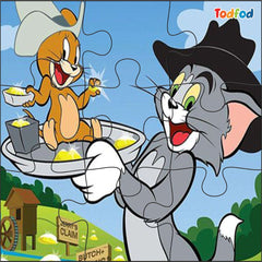 Cartoon characters Tom and Jerry from a puzzle with a blue sky background.