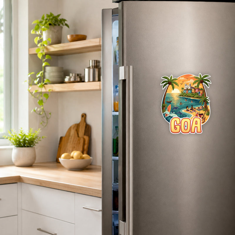 Smaran Goa Wooden Fridge Magnet | Beach Church & Sunset Illustration | 3x3 Inch Refrigerator Decor for Home Kitchen & Gift
