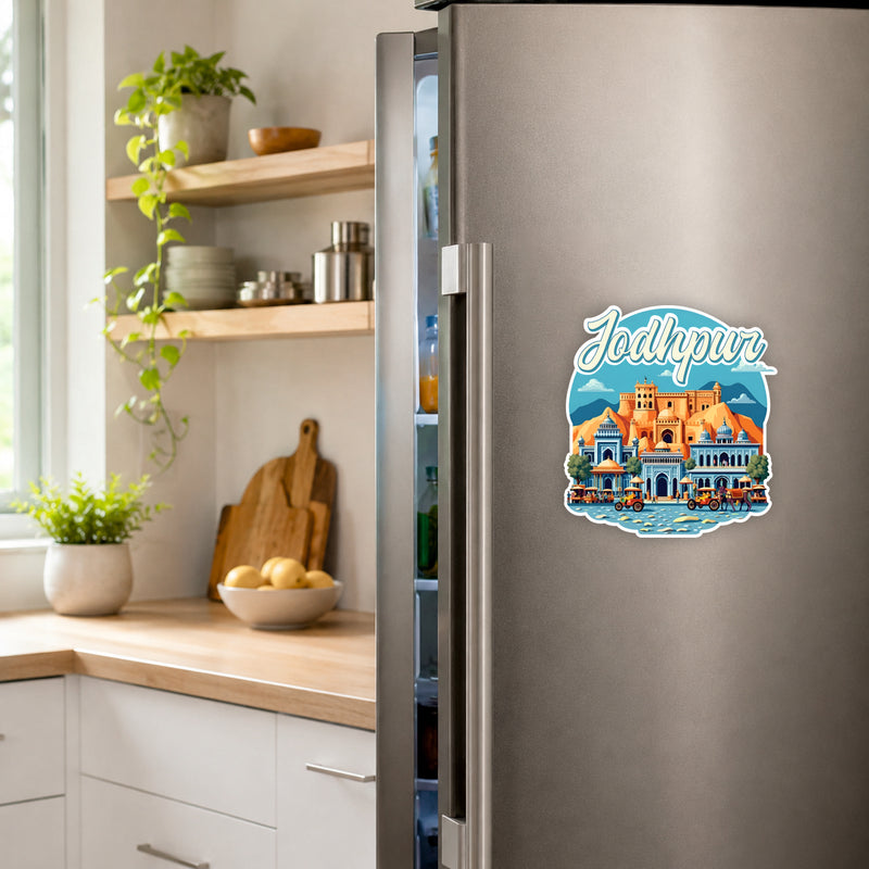 Smaran Jodhpur acrylic Fridge Magnet | Blue City Fort & Culture Illustration | 3x3 Inch Refrigerator Decor for Home Kitchen & Gift