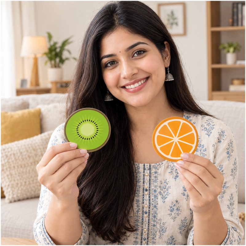 TodFod Fruit Design Wooden Drink Coasters, Set of 6 (4 Inch) – Colorful Coasters for Tea, Coffee, Cups & Glasses