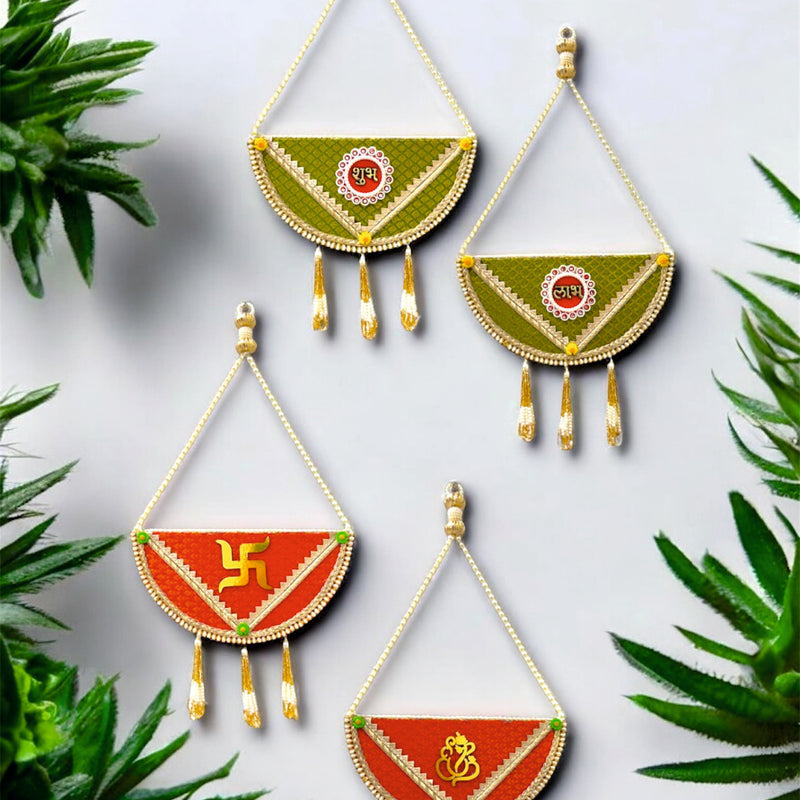 Decorative wall hangings with green and red designs on a light gray background with green plants.