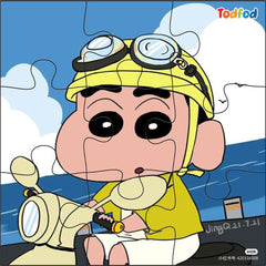 Cartoon character wearing a yellow helmet and goggles, sitting on a scooter with a blue sky background.