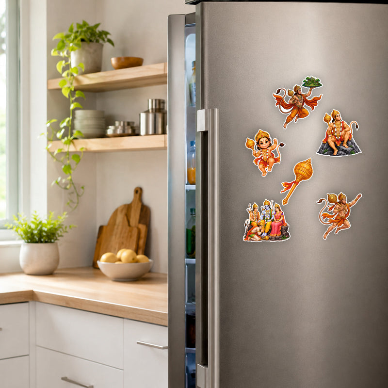 Todfod Hanumanji Fridge Magnet Set of 6 | 3 Inch Colorful Cartoon Style MDF Wood Hindu Deity Religious Souvenir