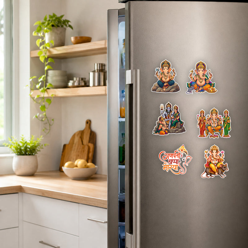 Todfod Ganesha Fridge Magnet Set of 6 | 3 Inch Colorful Cartoon Style MDF Wood Hindu Deity Religious Souvenir