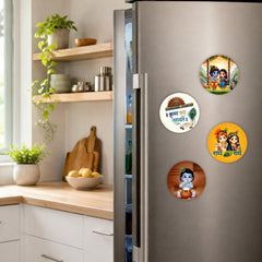 Todfod Krishna Fridge Magnet Set of 4 | 3 Inch Radha Krishna Jhula & Janmashtami Circular MDF Wood Magnets