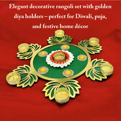 Decorative rangoli with golden diya holders on a red background