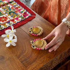 Smaran Handmade Elegant Candle Holder Set of 2 for Festivals, Weddings, Pooja Room & Home Decor, Traditional Indian Decorative Tealight Candle Set (Patch Design Ring Tealight Holder)