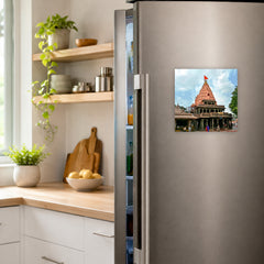 Smaran Mahakaleshwar Jyotirlinga Wooden Fridge Magnet | Pink Tower Temple Illustration | 3x3 Inch Spiritual Refrigerator Decor for Home Kitchen & Gift