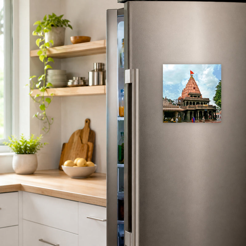 Smaran Mahakaleshwar Jyotirlinga Wooden Fridge Magnet | Pink Tower Temple Illustration | 3x3 Inch Spiritual Refrigerator Decor for Home Kitchen & Gift