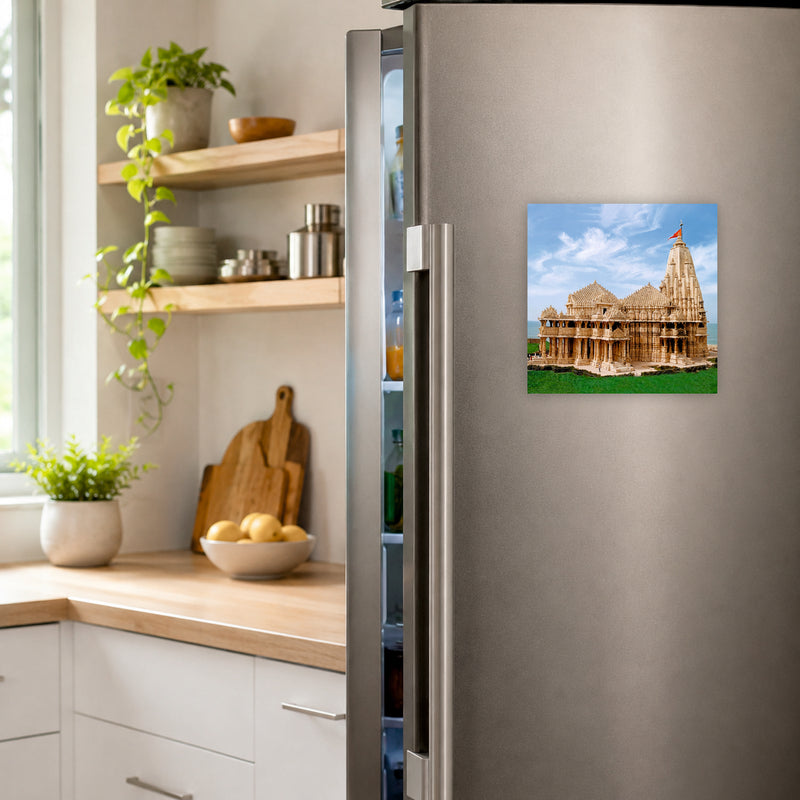 Smaran Somnath Jyotirlinga Wooden Fridge Magnet | Ancient Stone Temple & Sea Illustration | 3x3 Inch Spiritual Refrigerator Decor for Home Kitchen & Gift