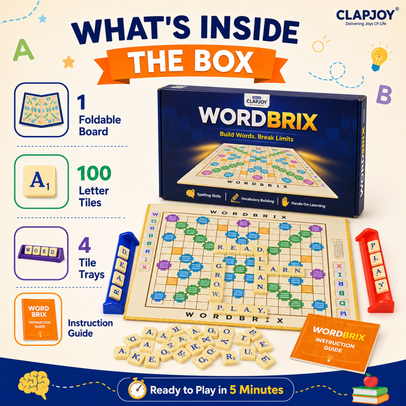 Clapjoy Wordbrix Word Building Board Game for Kids Ages 6-12 | 3-in-1 English Learning Game | Spelling, Vocabulary & Sentence Making | 100 Letter Tiles | 2-6 Players