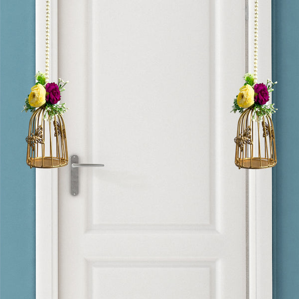 Smaran Cultural Hanging Cage Latkan Pair with Tealight Holders | Handmade Traditional Decorative Hanging with Beads & Embellishments for Home, Main Door, Pooja Room, Mandir