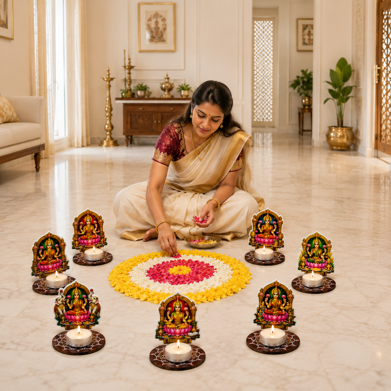TodFod Ashtalakshmi Tealight Candle Holder Coaster Set of 8 | 3 Inch Wooden MDF Lakshmi Diya Stand for Diwali Pooja Home Decor