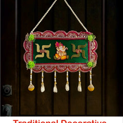 Traditional decorative wall hanging with Swastika symbol on a dark background