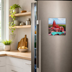 Smaran Nageshwar Jyotirlinga Wooden Fridge Magnet | Red Temple Tower Illustration | 3x3 Inch Spiritual Refrigerator Decor for Home Kitchen & Gift