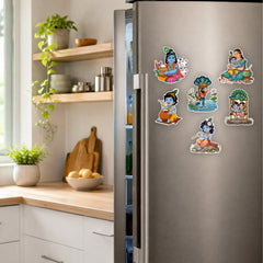 Todfod Krishna Fridge Magnet Set of 6 | 3 Inch Colorful Cartoon Style MDF Wood Hindu Deity Religious Souvenir