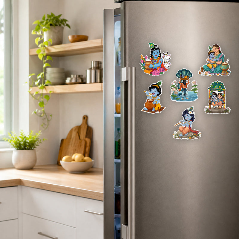 Todfod Krishna Fridge Magnet Set of 6 | 3 Inch Colorful Cartoon Style MDF Wood Hindu Deity Religious Souvenir