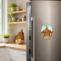 Smaran Puri Jagannath Dham Wooden Fridge Magnet | Temple & Deity Illustration | 3x3 Inch Spiritual Refrigerator Decor for Home Kitchen & Gift