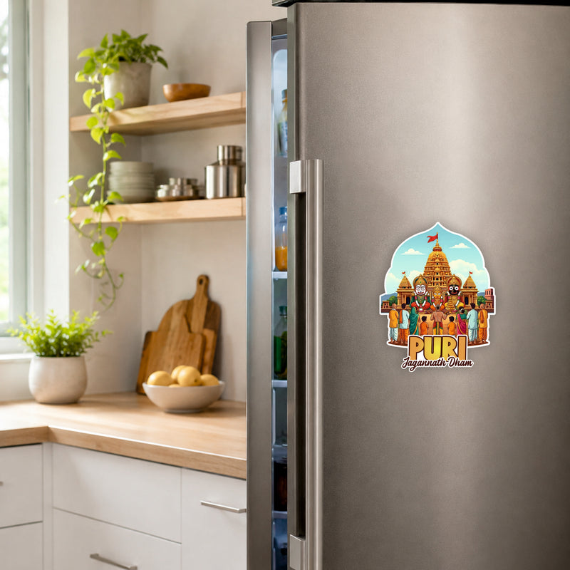 Smaran Puri Jagannath Dham Wooden Fridge Magnet | Temple & Deity Illustration | 3x3 Inch Spiritual Refrigerator Decor for Home Kitchen & Gift