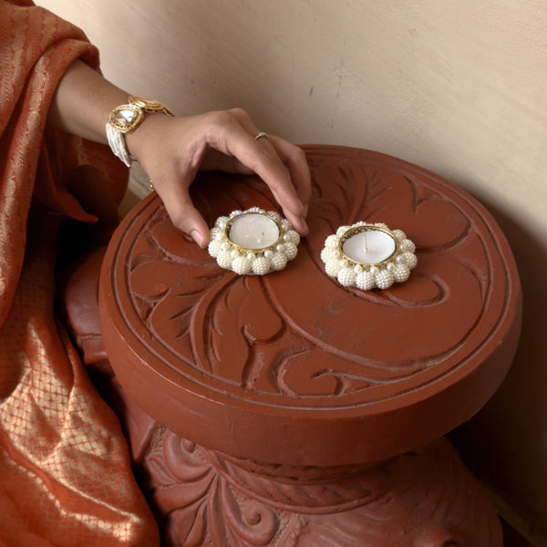 Smaran Large Pearl Tealight Holder Pair |Handmade Elegant Candle Holder Set of 2 for Festivals, Weddings, Pooja Room & Home Decor, Traditional Indian Decorative Tealight Candle Set