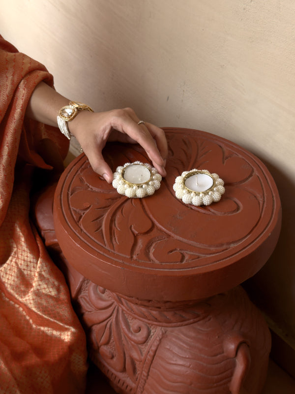 Smaran Large Pearl Tealight Holder Pair |Handmade Elegant Candle Holder Set of 2 for Festivals, Weddings, Pooja Room & Home Decor, Traditional Indian Decorative Tealight Candle Set