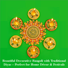 Decorative rangoli with traditional diyas on a green background