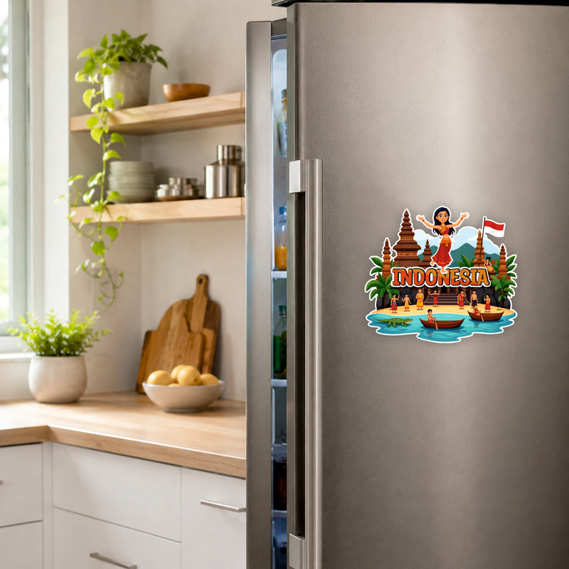 Smaran Indonesia Wooden Fridge Magnet | Traditional Stupa & Island Culture Illustration | 3x3 Inch Refrigerator Decor for Home Kitchen & Gift