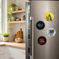Todfod Mahadev Fridge Magnet Set of 4 | 3 Inch Lord Shiva Trishul, Damaru & Golden Shiv Mantra Circular MDF Wood Magnets