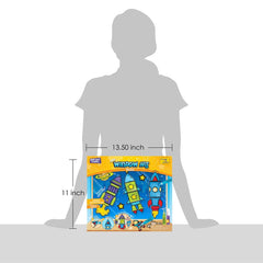 Window art kit packaging with dimensions shown relative to a person's height