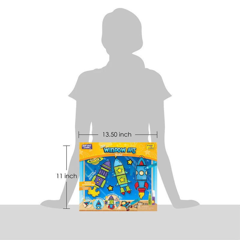 Window art kit packaging with dimensions shown relative to a person's height